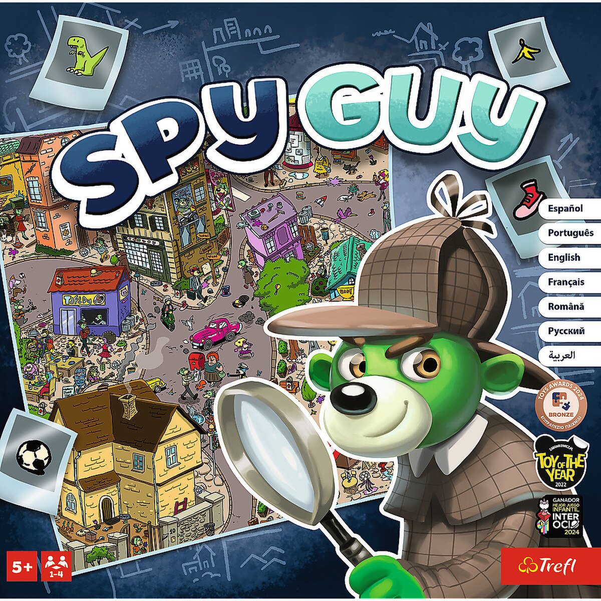 Close up of Spy Guy Board Game box artwork with Spy Guy detective and city clue search theme