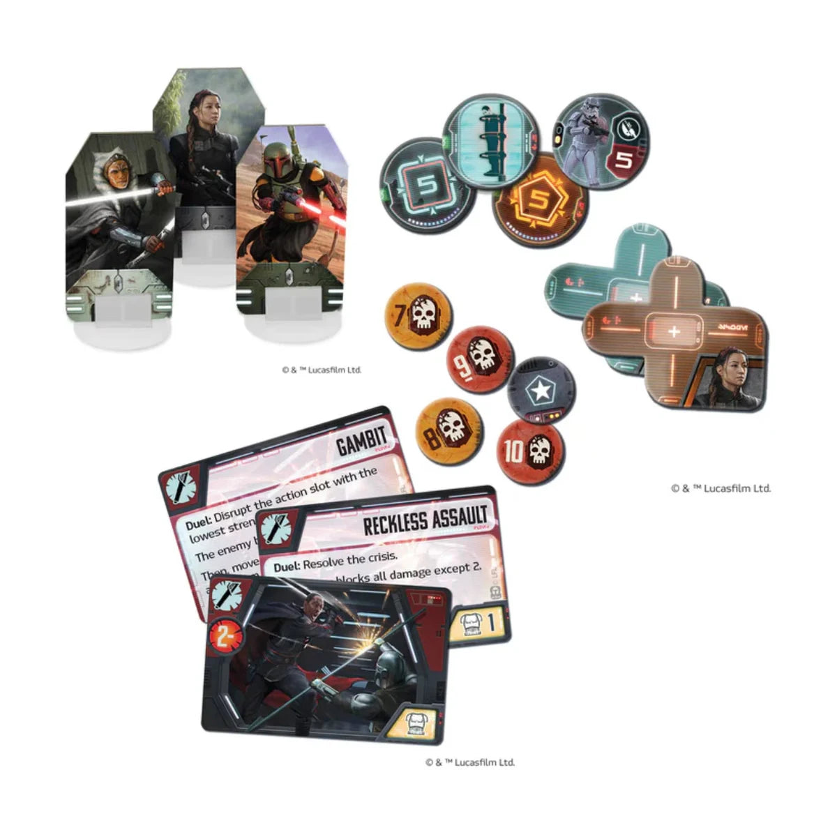 The Mandalorian Adventures Clan of Two expansion components with Ahsoka Tano Boba Fett Bo-Katan Kryze Fennec Shand cards and tokens