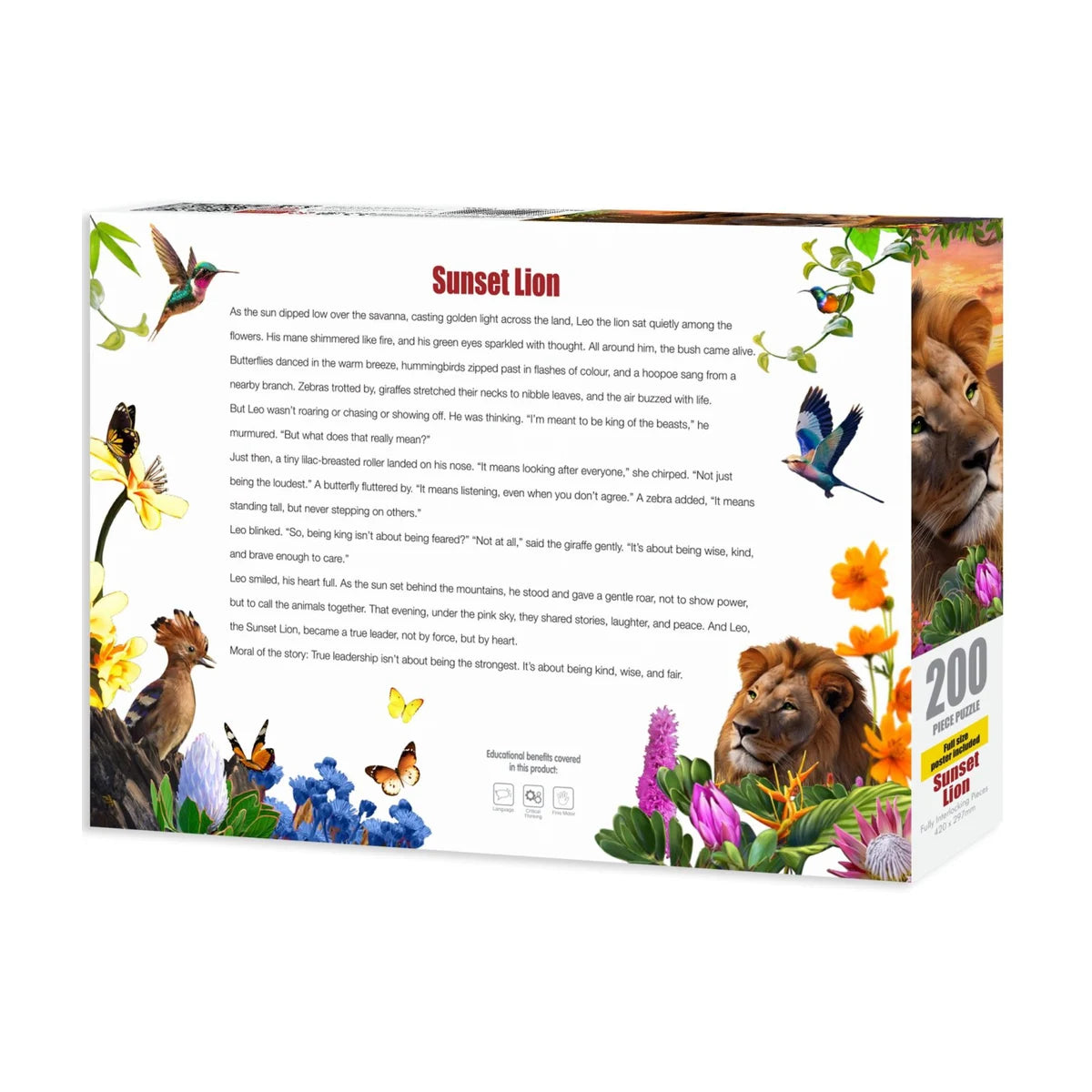 Back of Sunset Lion 200 piece puzzle box showing story and educational benefits