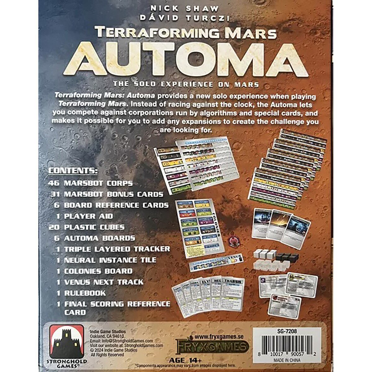 Terraforming Mars Automa expansion box back showing MarsBot cards boards tracker cubes and solo game components
