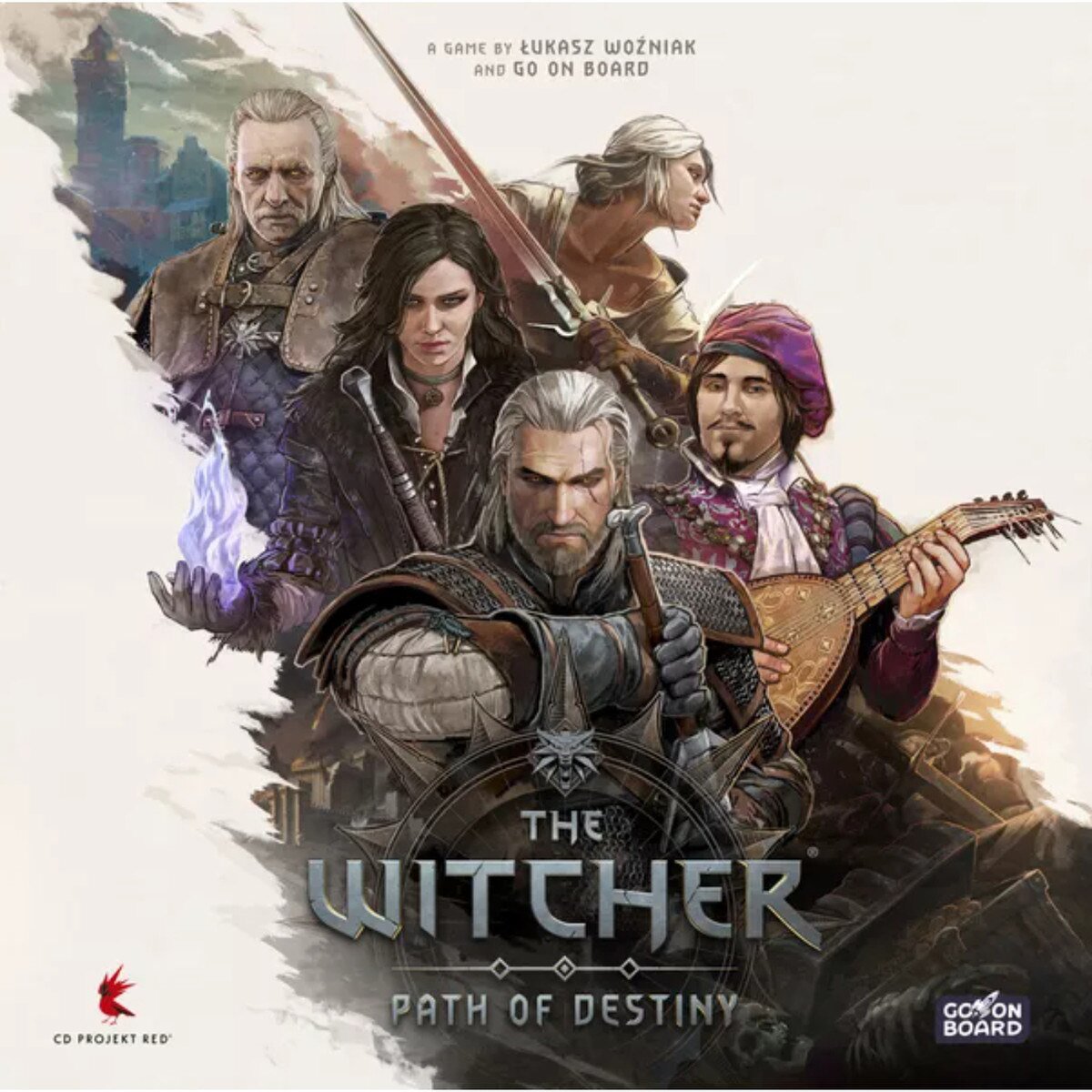 The Witcher Path of Destiny front cover artwork showing Geralt Yennefer Ciri Vesemir and Dandelion in the fantasy board game