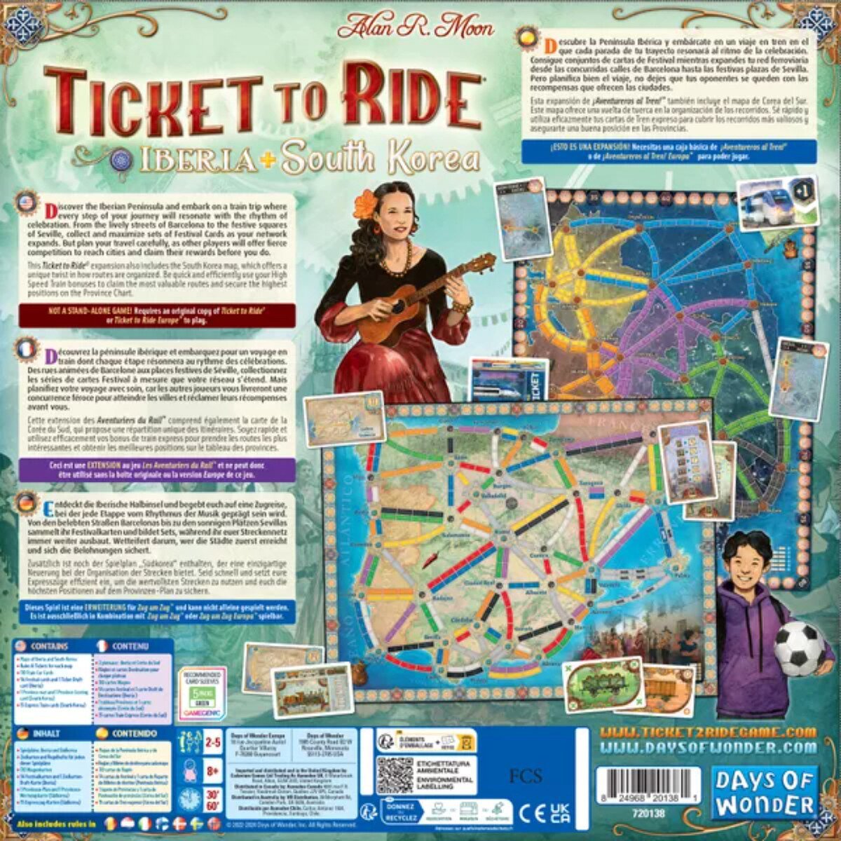 Back of Ticket to Ride Iberia and South Korea expansion box showing both maps and gameplay features
