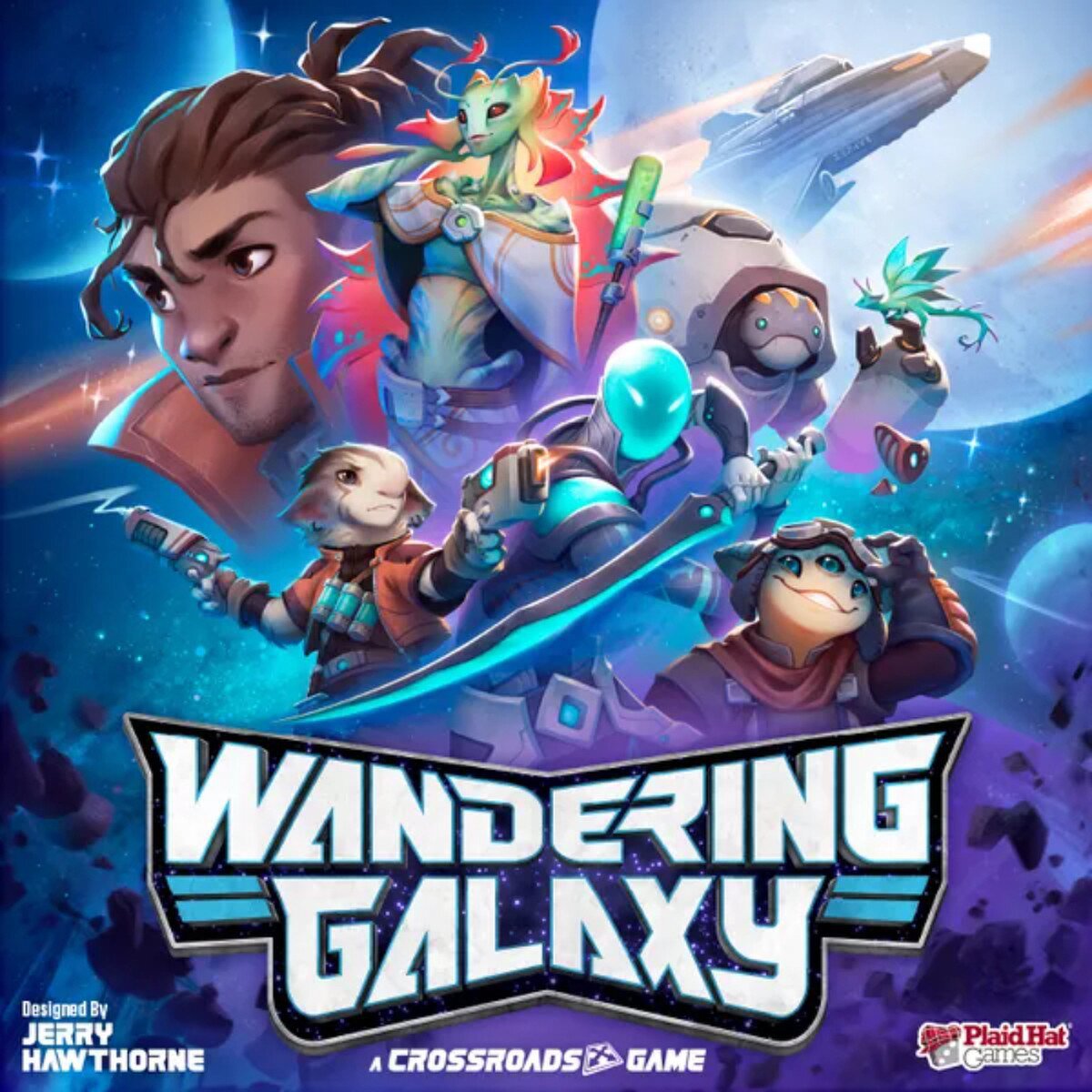 Wandering Galaxy A Crossroads Game cover artwork showing sci-fi crew characters and spaceship