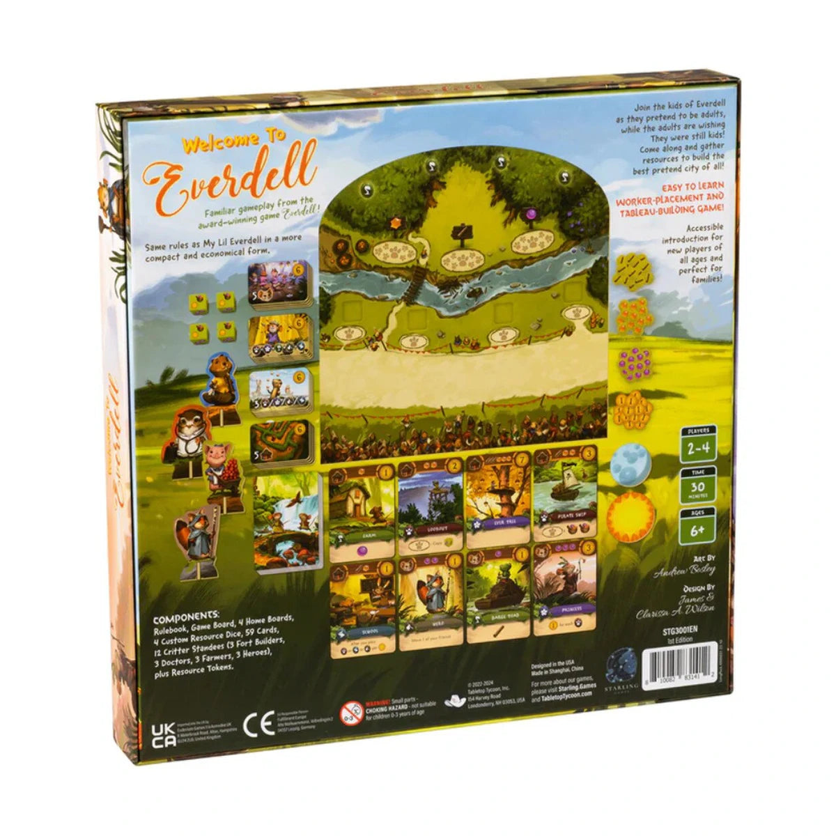 Back of Welcome to Everdell board game box showing gameplay, components and player information