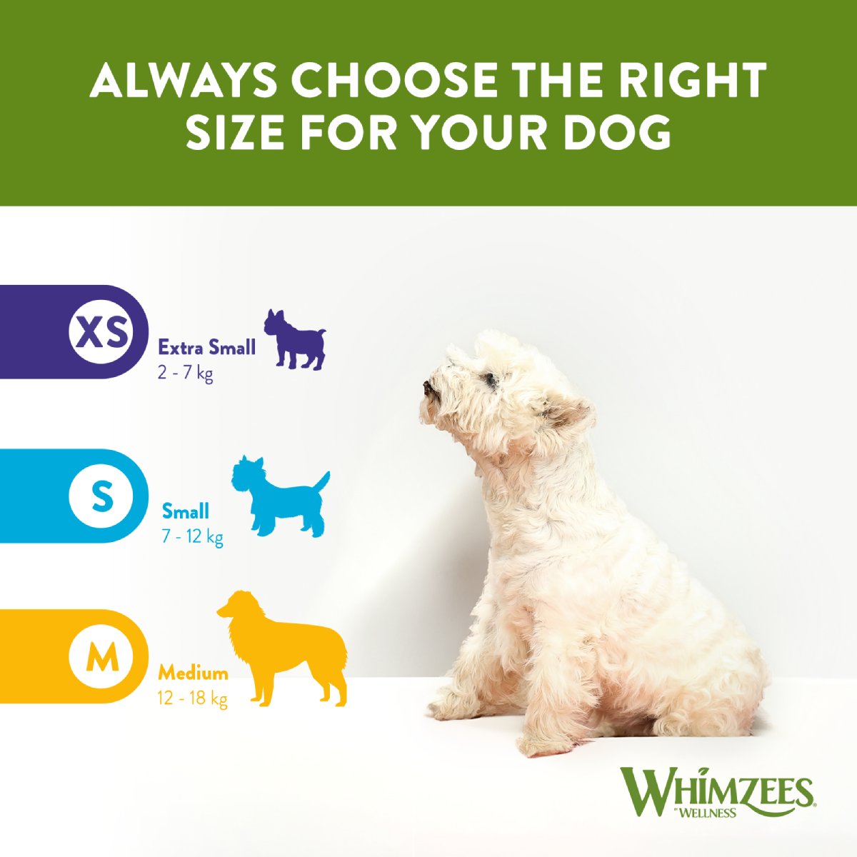 Whimzees Soft dental treat size guide for XS small and medium dogs