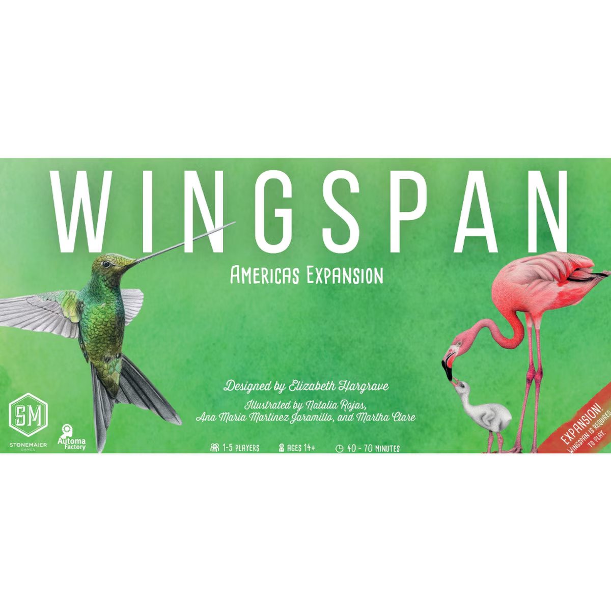 wingspan Americas Expansion front cover artwork with hummingbird and flamingo for the Stonemaier bird board game expansion