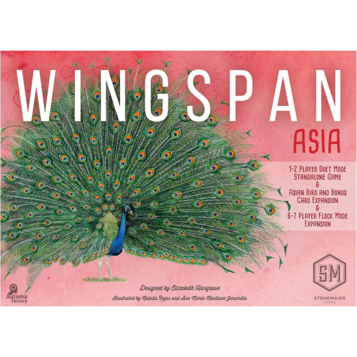Wingspan Asia Expansion flat front cover showing peacock artwork and 1 to 7 player Wingspan game modes