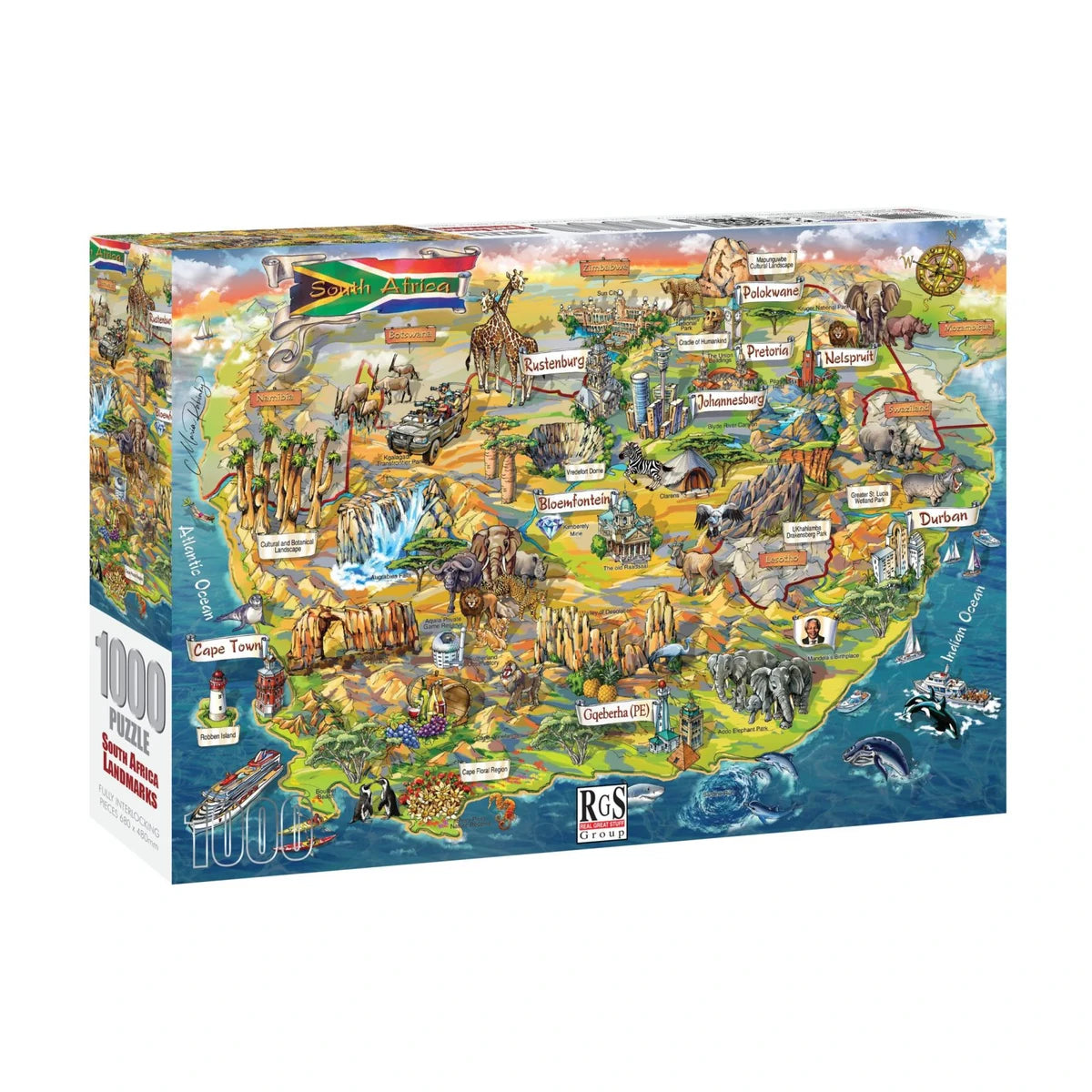 South Africa Landmarks 1000pc jigsaw puzzle box showing colourful illustrated map with cities, wildlife and landmarks