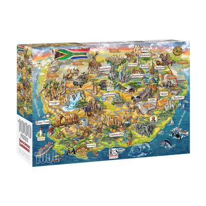 South Africa Landmarks 1000pc jigsaw puzzle box showing colourful illustrated map with cities, wildlife and landmarks