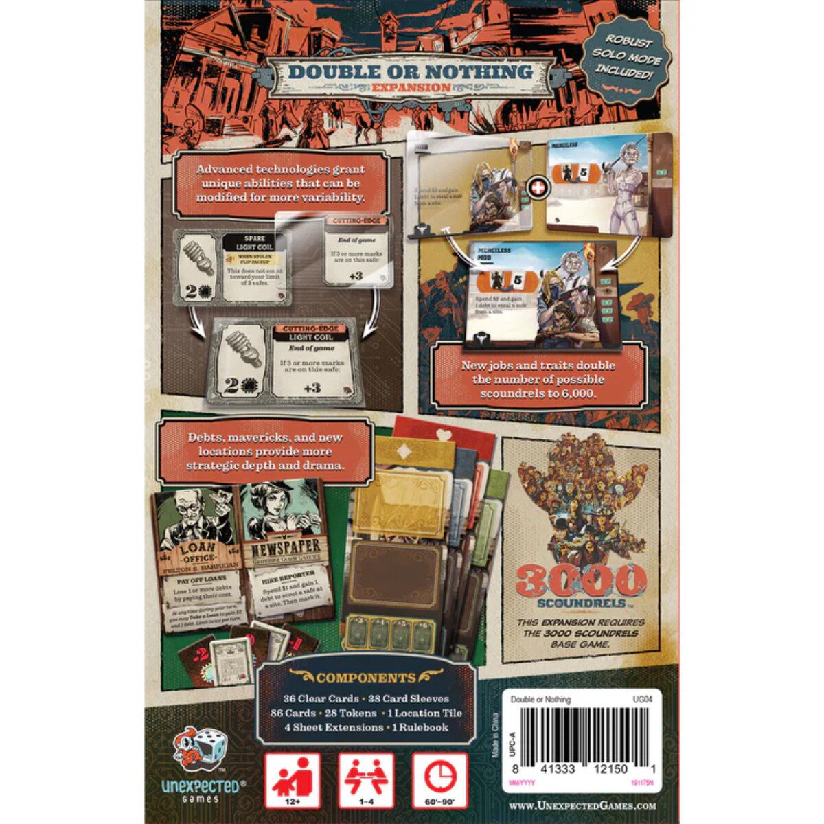Back of 3000 Scoundrels Double or Nothing Expansion showing components and features