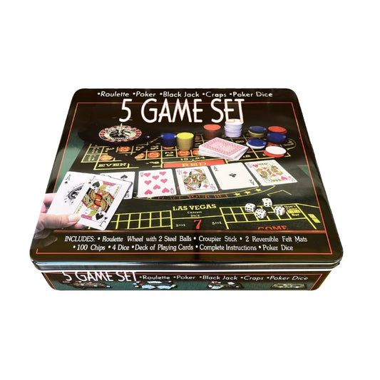 5-in-1 casino night game set in tin case with roulette wheel, poker chips, playing cards, dice and casino game accessories