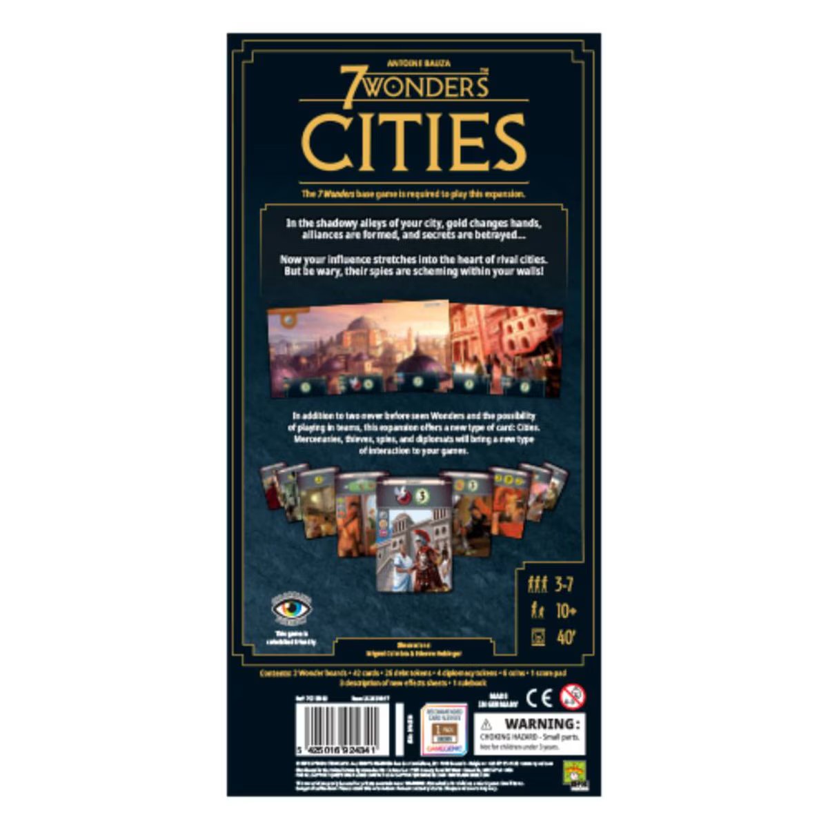 Back of 7 Wonders New Edition Cities Expansion box with gameplay information
