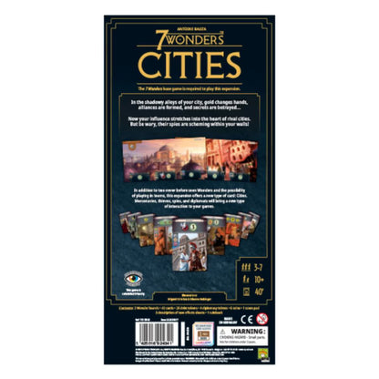 Back of 7 Wonders New Edition Cities Expansion box with gameplay information