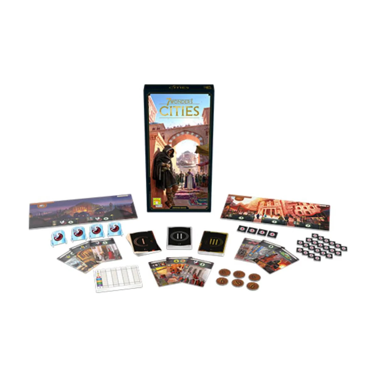 7 Wonders New Edition Cities Expansion components including cards boards and tokens