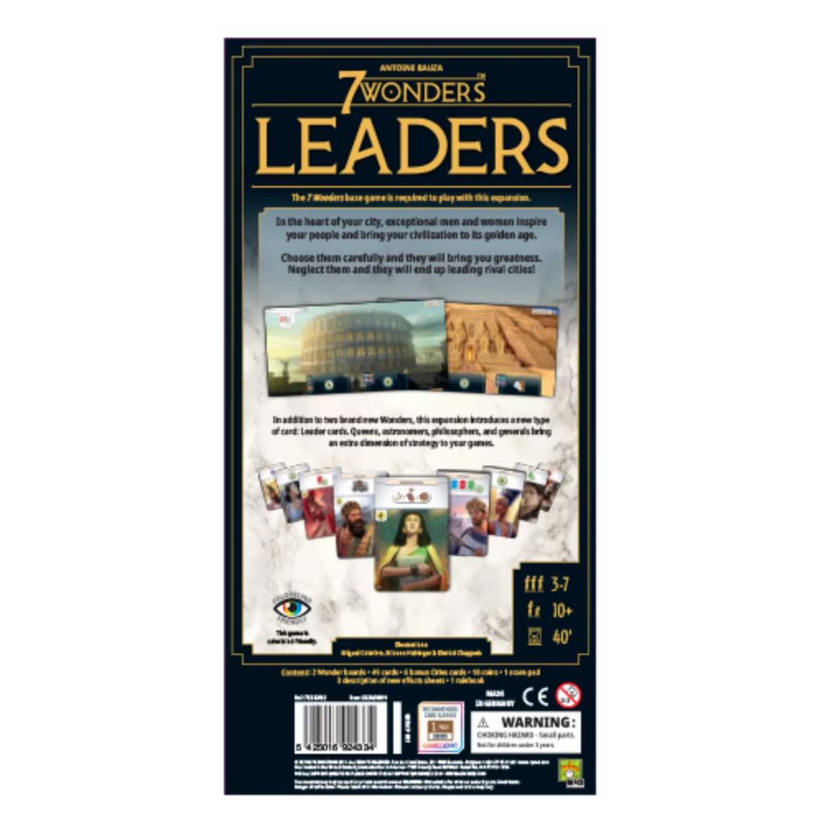 Back of 7 Wonders New Edition Leaders Expansion box showing Leaders and new Wonders