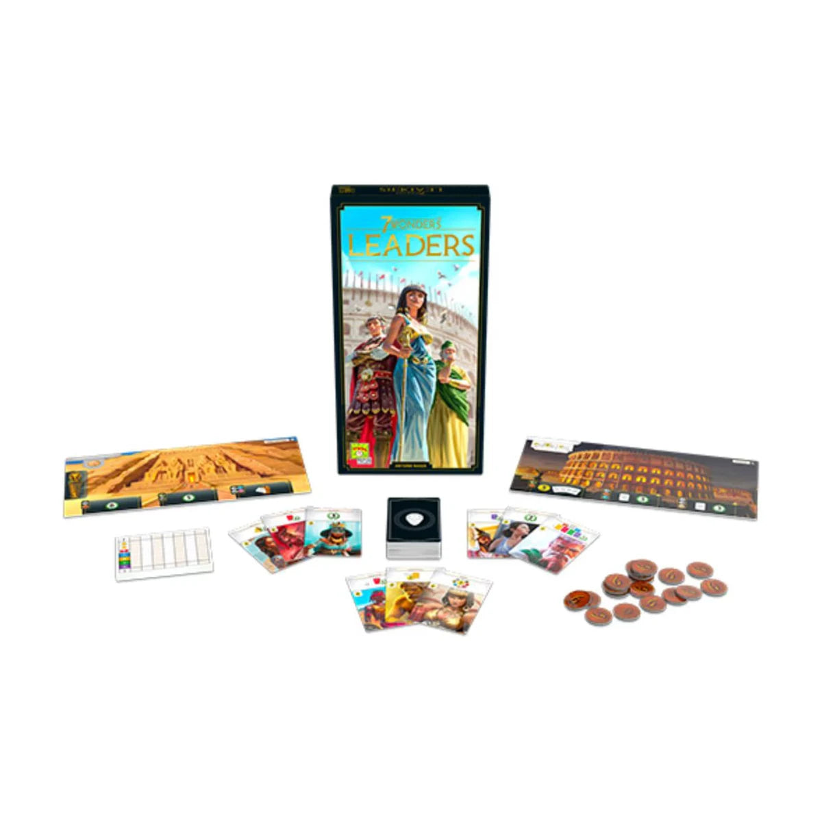 7 Wonders New Edition Leaders Expansion components with Wonder boards cards coins and score pad