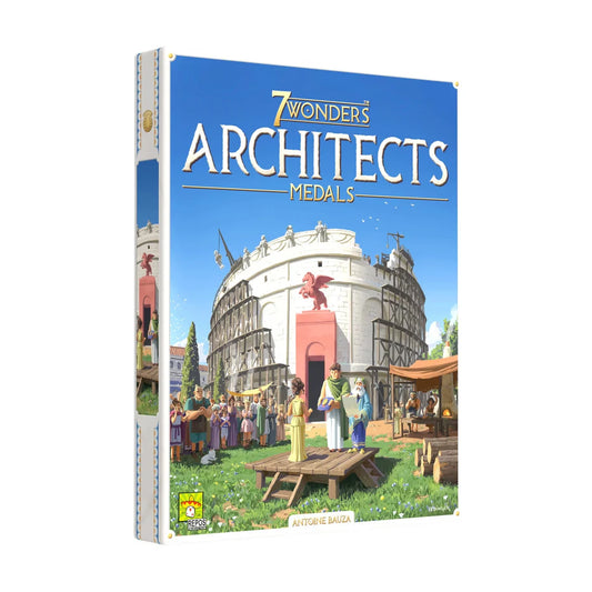 7 Wonders Architects Medals Expansion angled box front showing the Rome Wonder artwork by Repos Production
