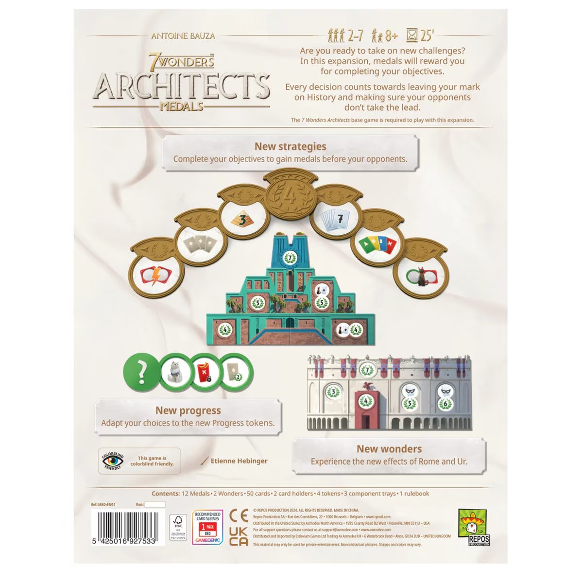 7 Wonders Architects Medals Expansion back of box showing new Medals Progress tokens and Wonders