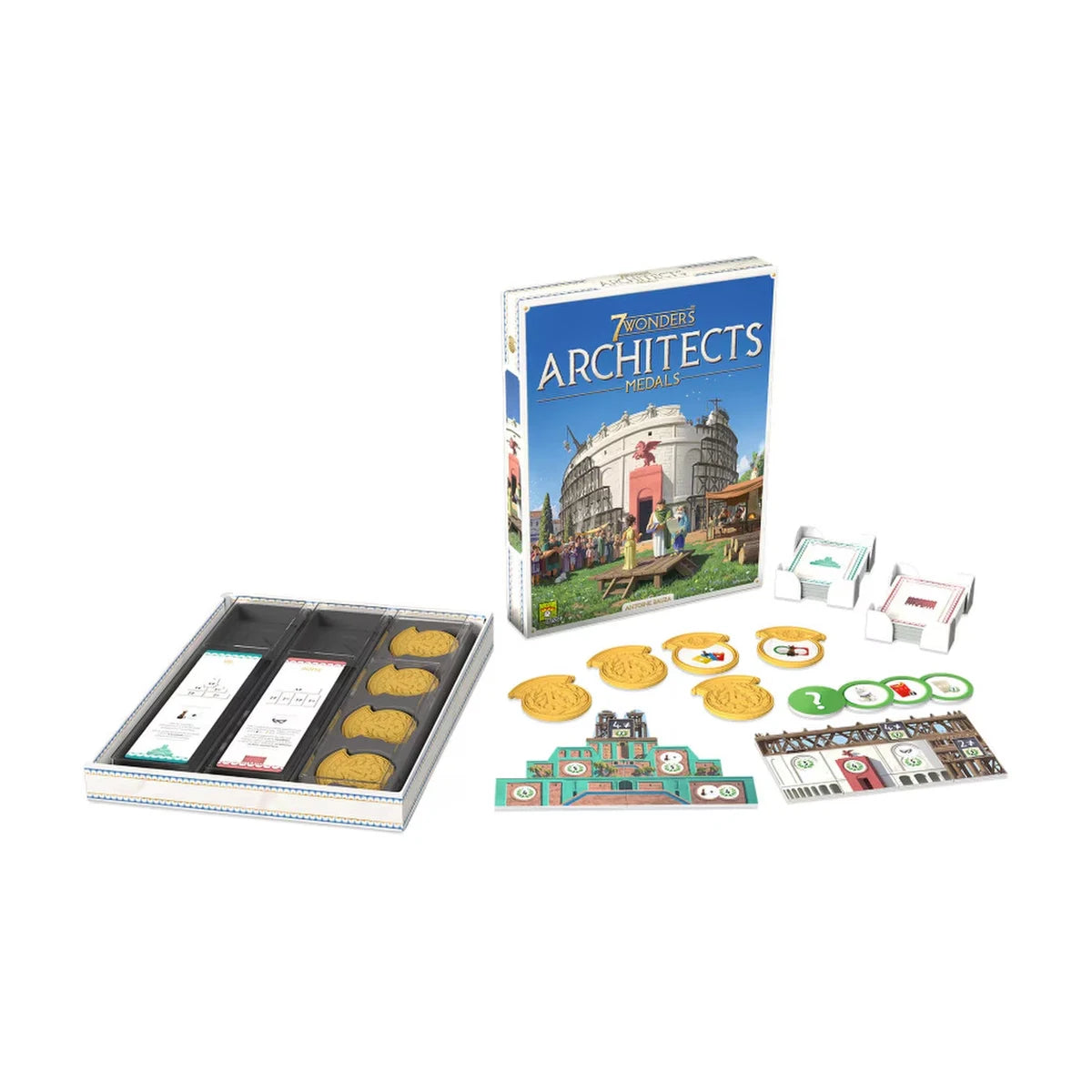 7 Wonders Architects Medals Expansion components layout with Medals cards tokens trays and Wonder pieces