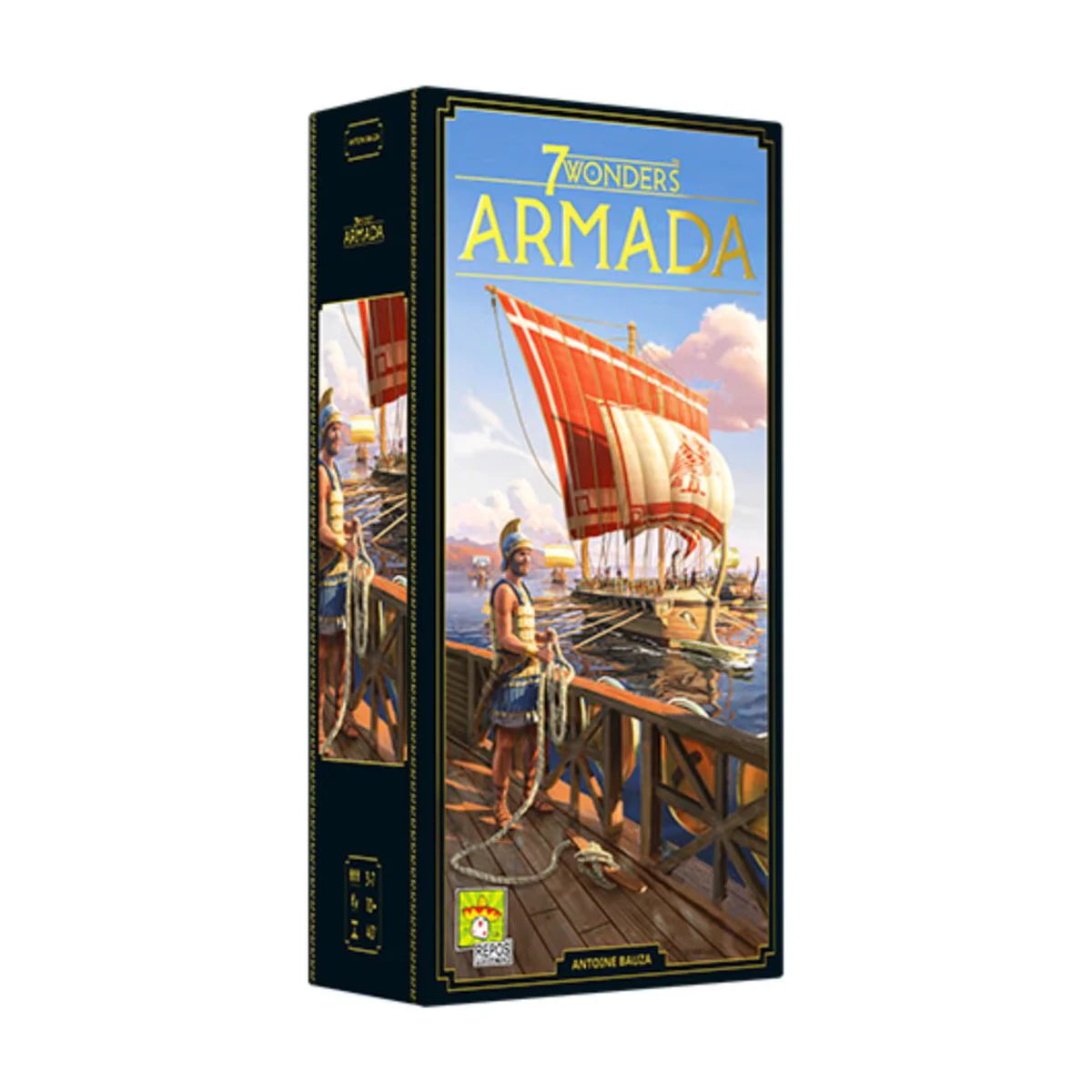 7 Wonders Armada Expansion New Edition angled box front showing sailing ship artwork by Repos Production
