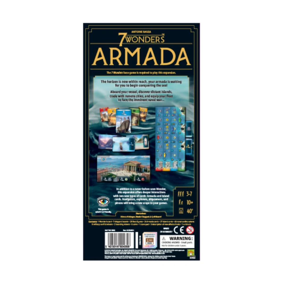7 Wonders Armada Expansion New Edition back of box showing naval gameplay cards Shipyard board and 3 to 7 player details