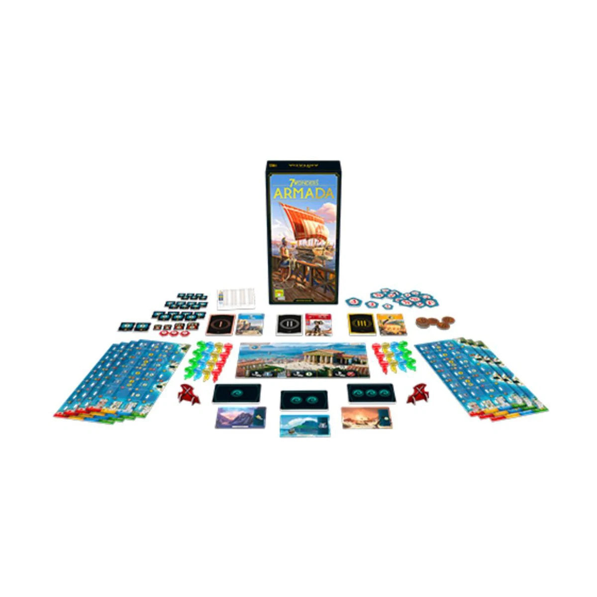 7 Wonders Armada Expansion New Edition components layout with Shipyard boards Fleet figures cards and tokens