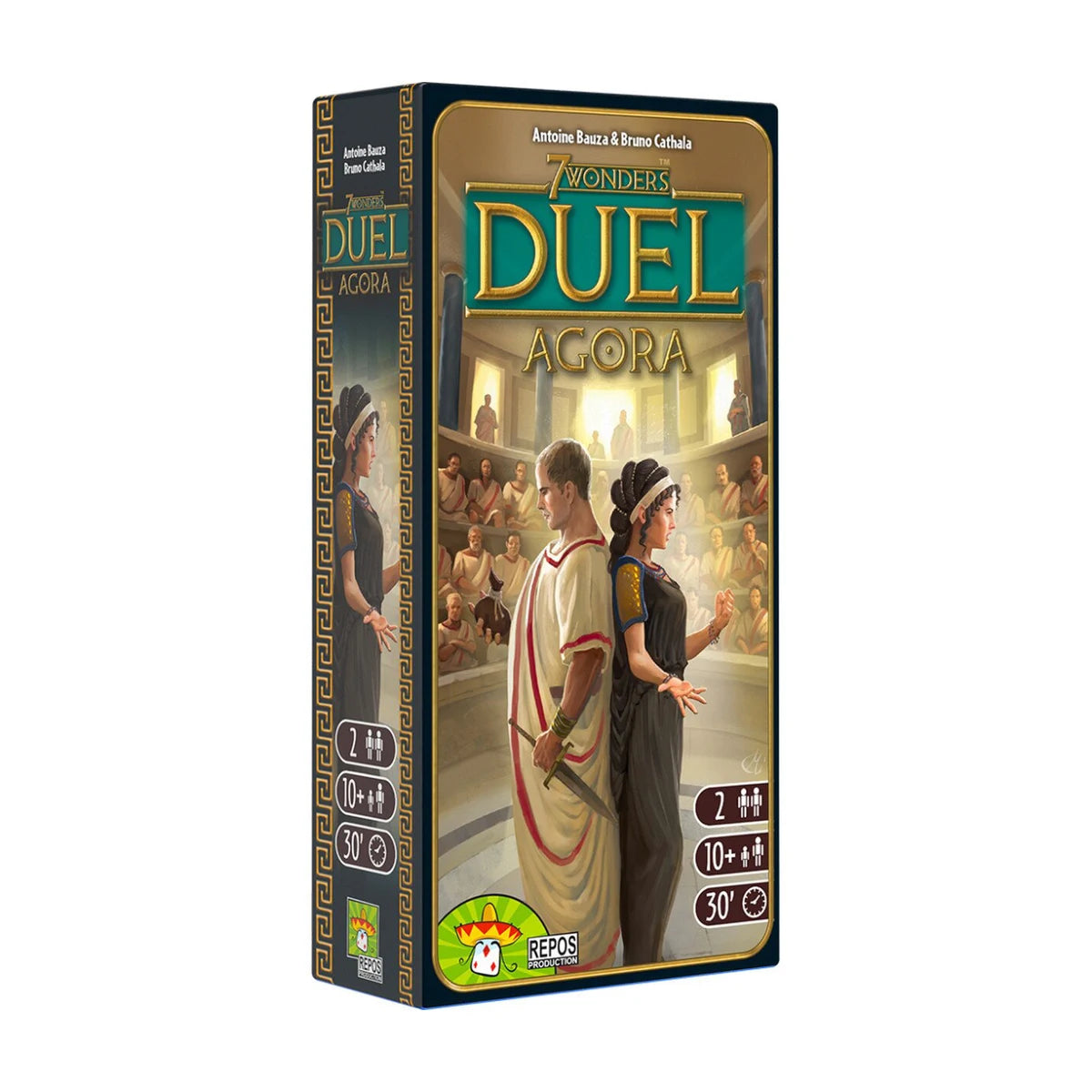 angled view of 7 Wonders Duel Agora expansion box for 2 player civilization strategy gameplay