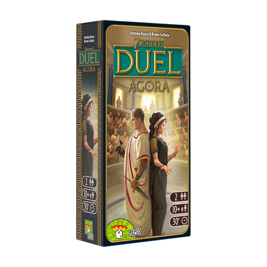 angled view of 7 Wonders Duel Agora expansion box for 2 player civilization strategy gameplay