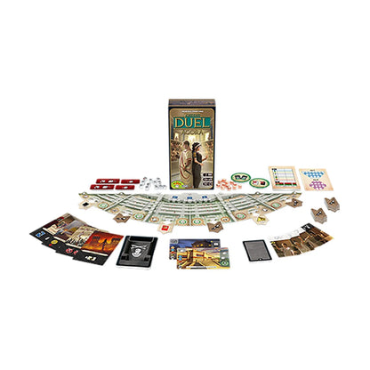 7 Wonders Duel Agora expansion components with senate board cards tokens and influence pieces