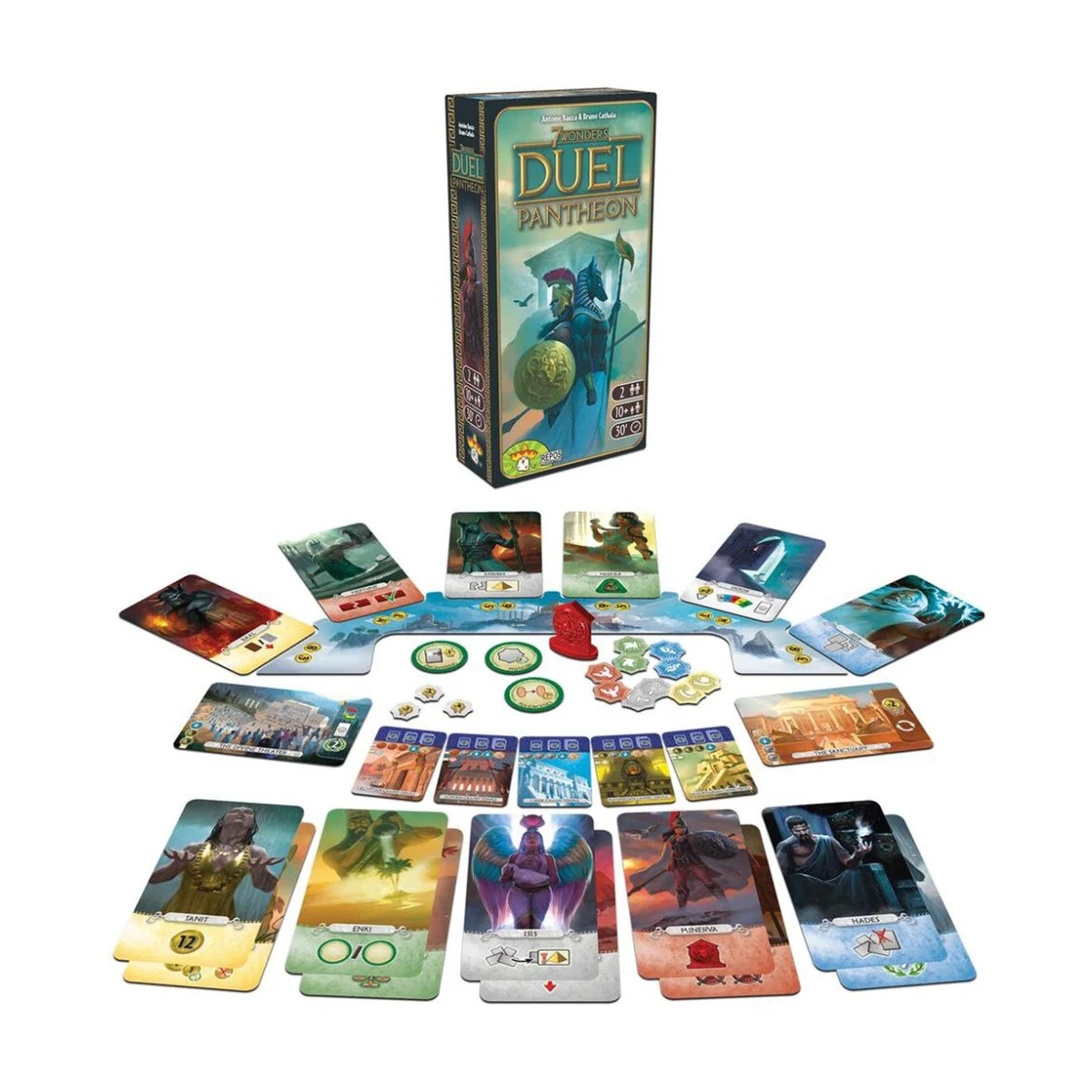 7 Wonders Duel Pantheon Expansion components with Pantheon board divinity cards and tokens