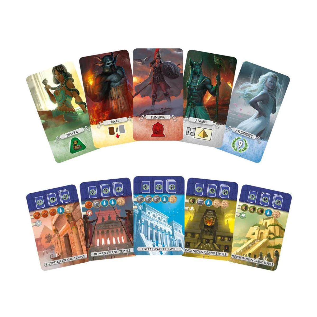 7 Wonders Duel Pantheon Expansion divinity cards and Grand Temple cards