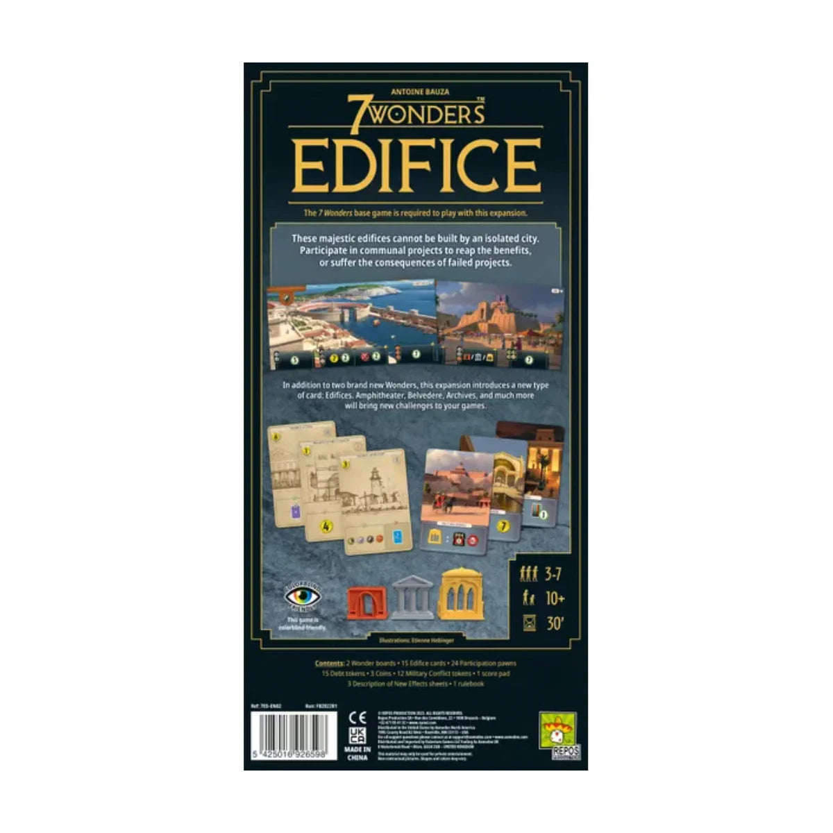 Back of 7 Wonders Edifice Expansion box showing base game required details components and shared edifice project gameplay