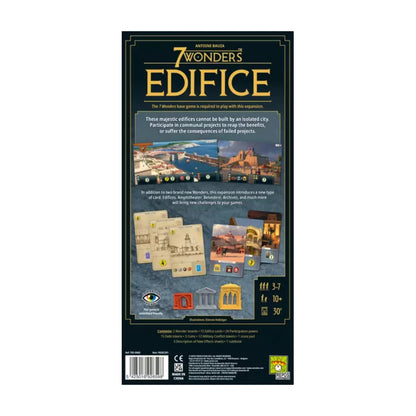 Back of 7 Wonders Edifice Expansion box showing base game required details components and shared edifice project gameplay