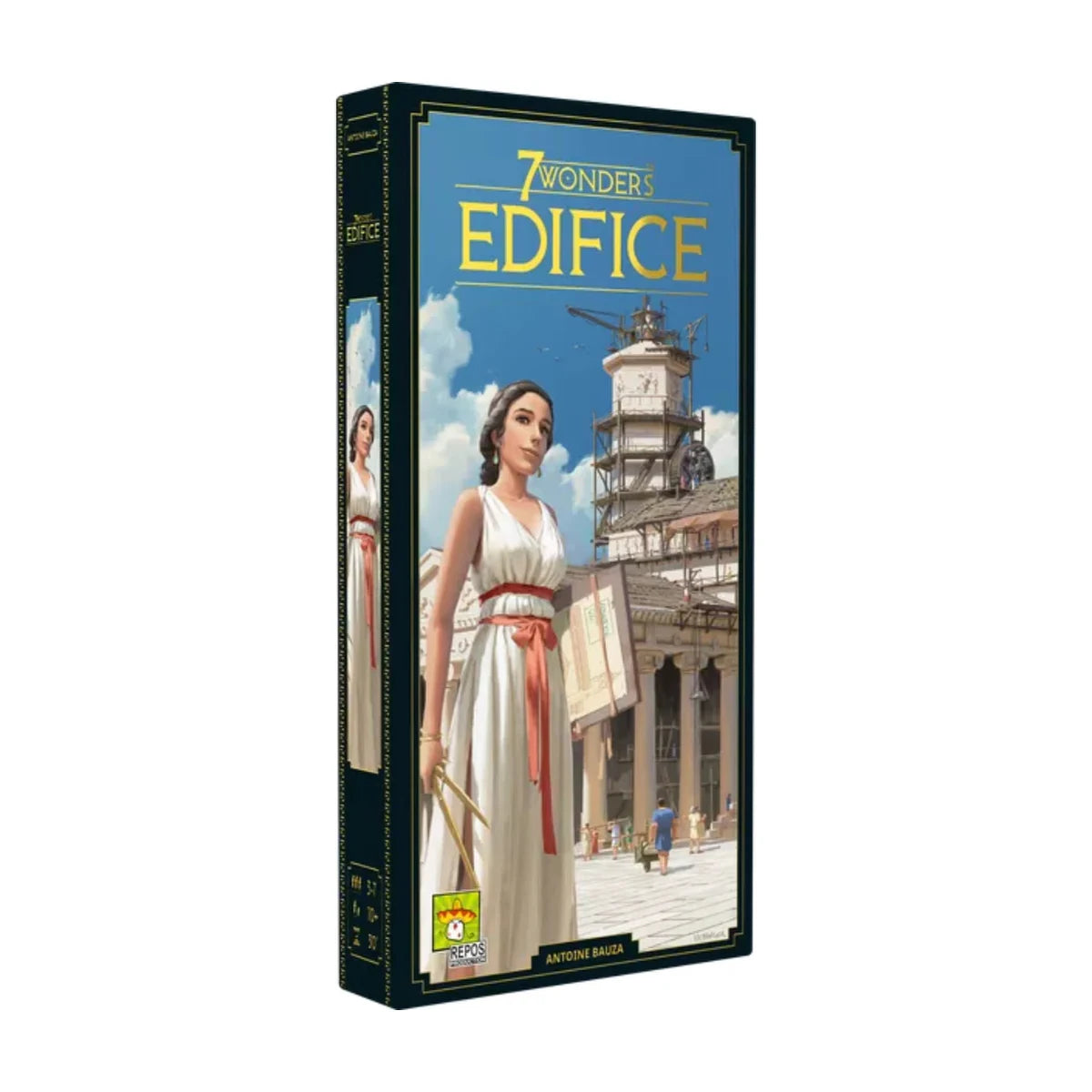 Side view of 7 Wonders Edifice Expansion box with Repos Production artwork and 7 Wonders expansion packaging