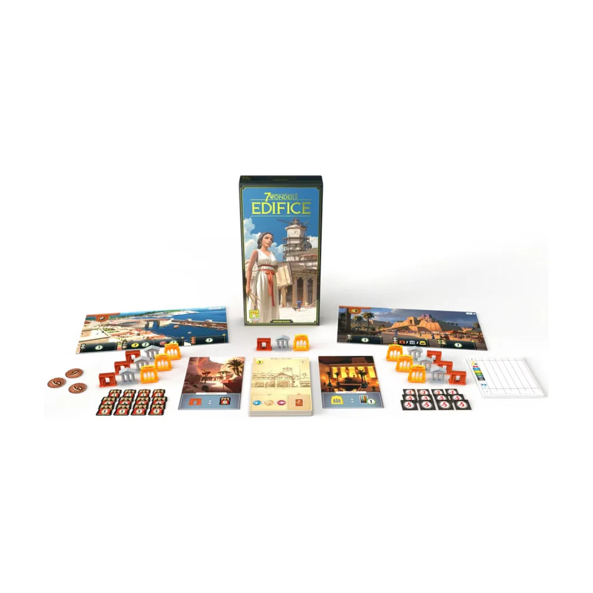 7 Wonders Edifice Expansion components layout with Wonder boards Edifice cards participation pawns tokens score pad and box