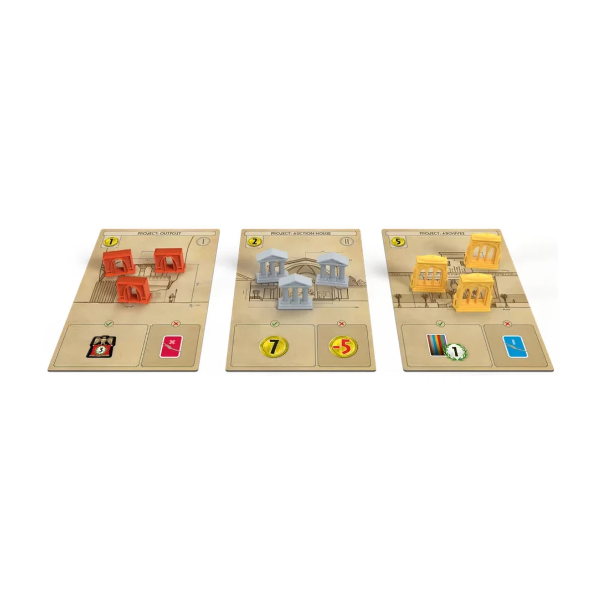 7 Wonders Edifice Expansion Edifice project cards showing participation rewards penalties and communal building projects