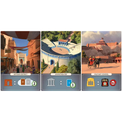 7 Wonders Edifice Expansion new Edifice cards showing Artisan District Amphitheater and Military School building effects