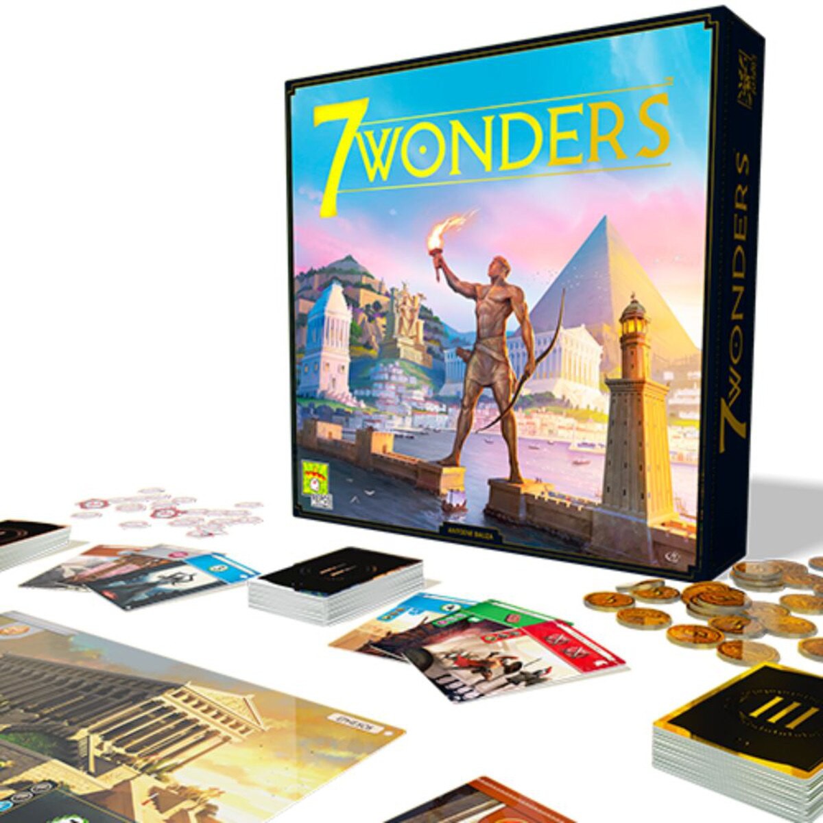 7 Wonders New Edition box with cards coins and wonder boards close up