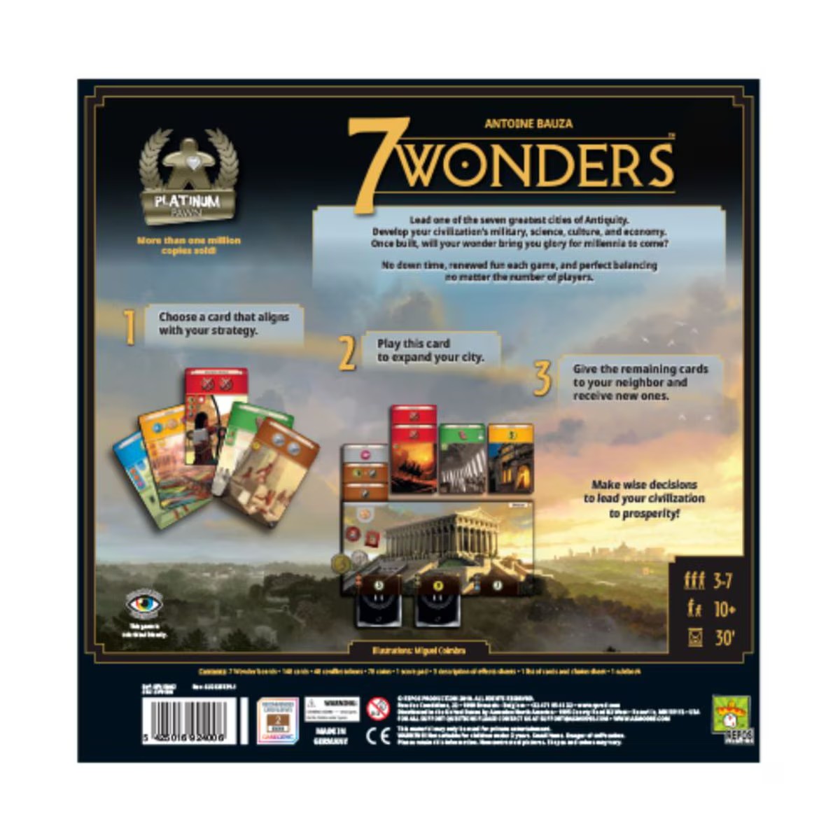 7 Wonders New Edition board game box back showing how to play overview