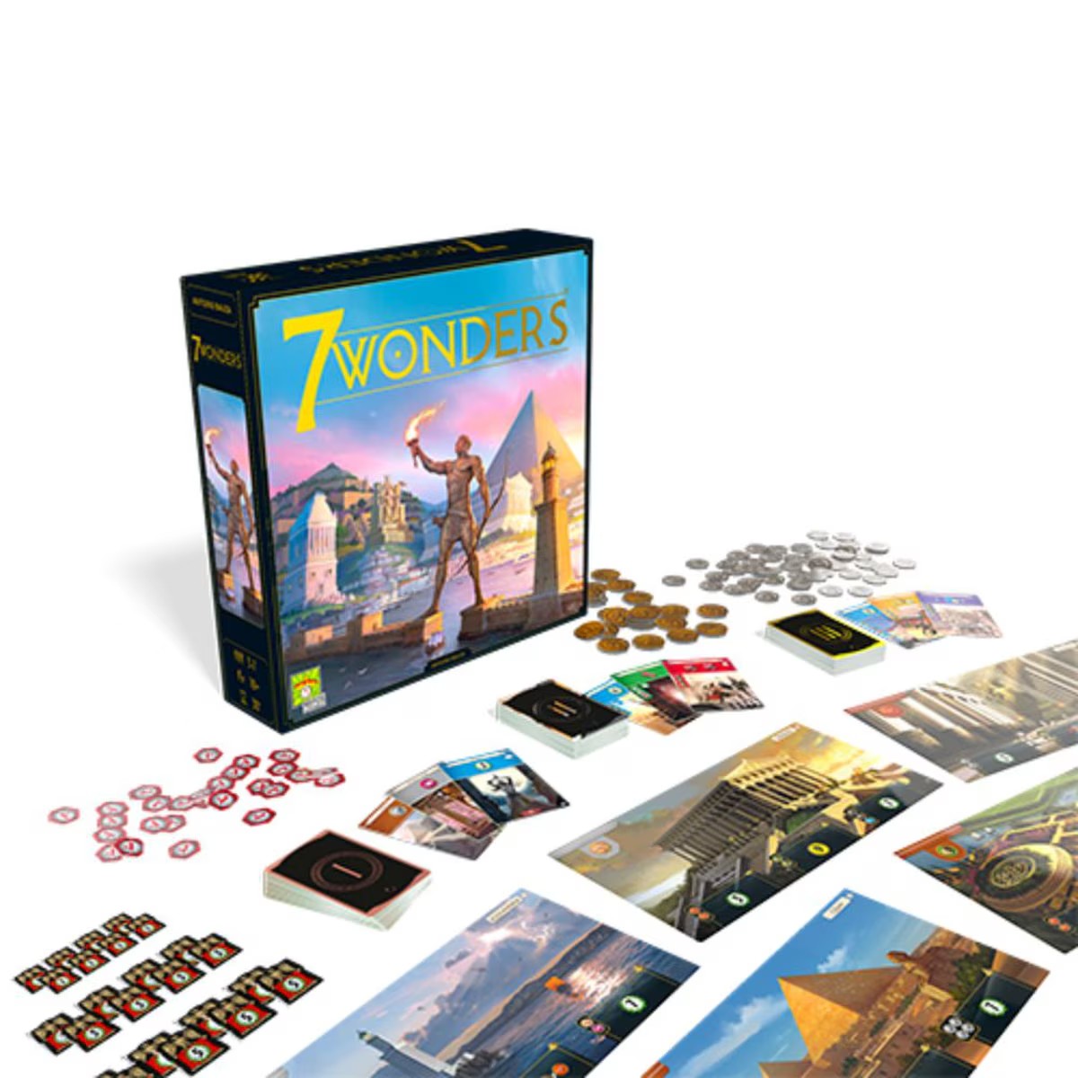 7 Wonders New Edition board game box and components shown at an angle
