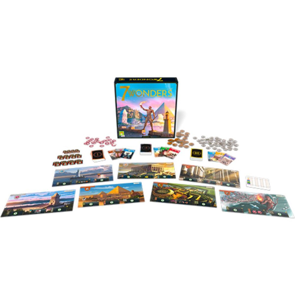 7 Wonders New Edition board game components including wonder boards cards coins and tokens