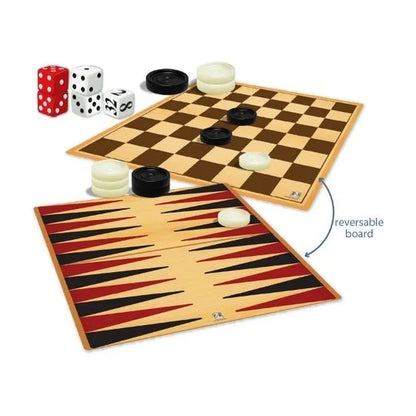 Reversible double-sided board for backgammon and draughts (checkers) with dice and playing pieces