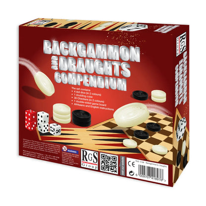Backgammon and draughts compendium box packaging – contents and classic 2-player board games