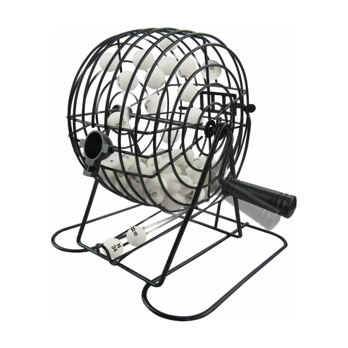 Steel rotary bingo cage with handle and numbered bingo balls for classic bingo game play