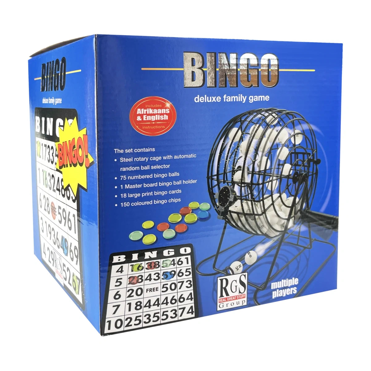 Bingo Deluxe game box angled view showing contents and multiple-player family game packaging