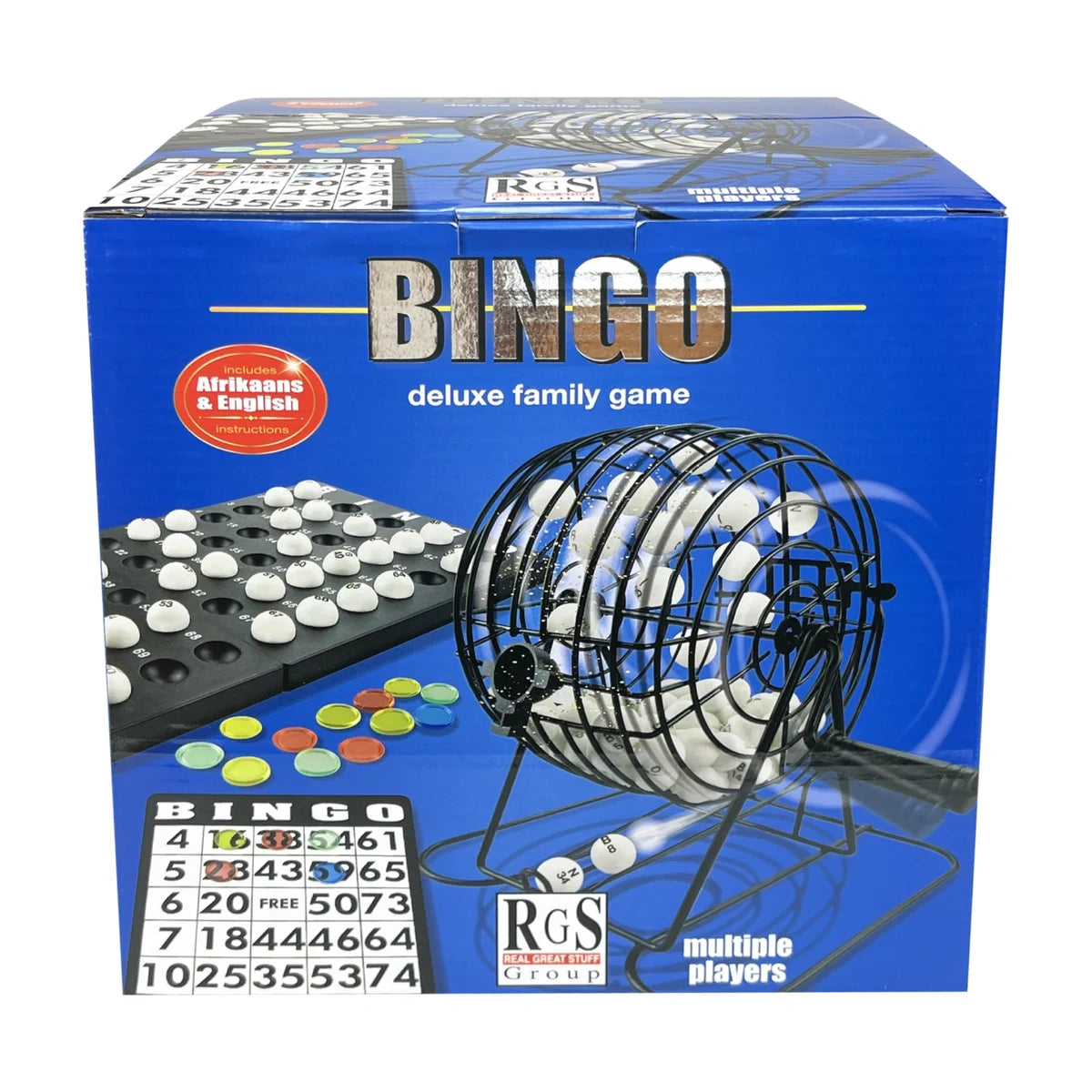 Bingo Deluxe family game box front with Afrikaans and English instructions badge