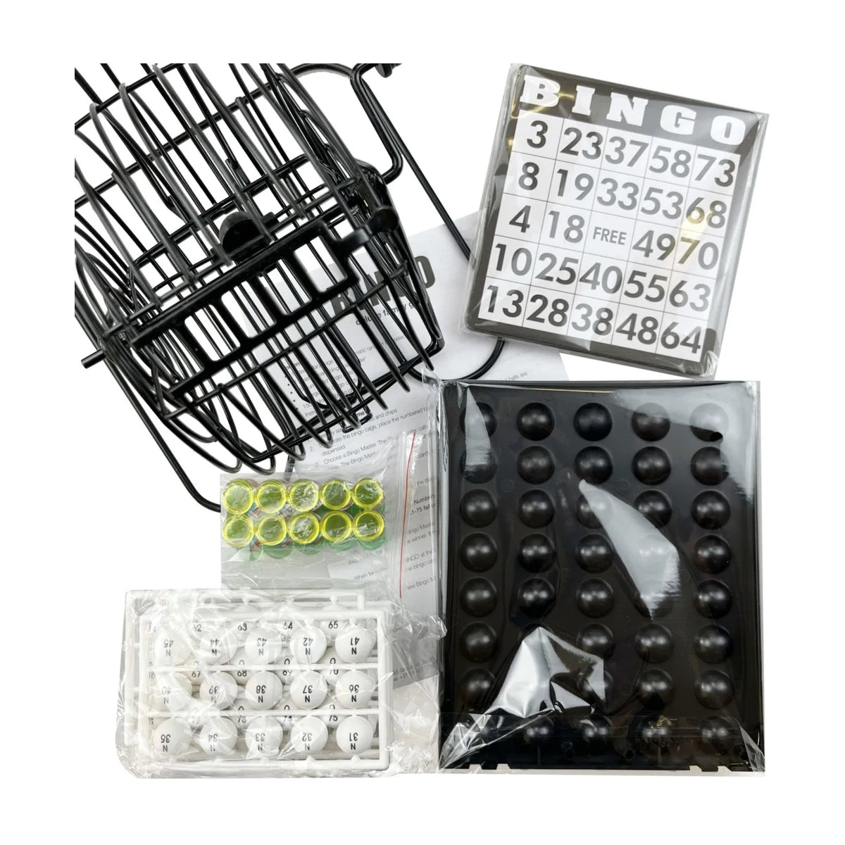 Bingo set contents laid out including bingo cage, cards, chips, master board and balls (packed components)