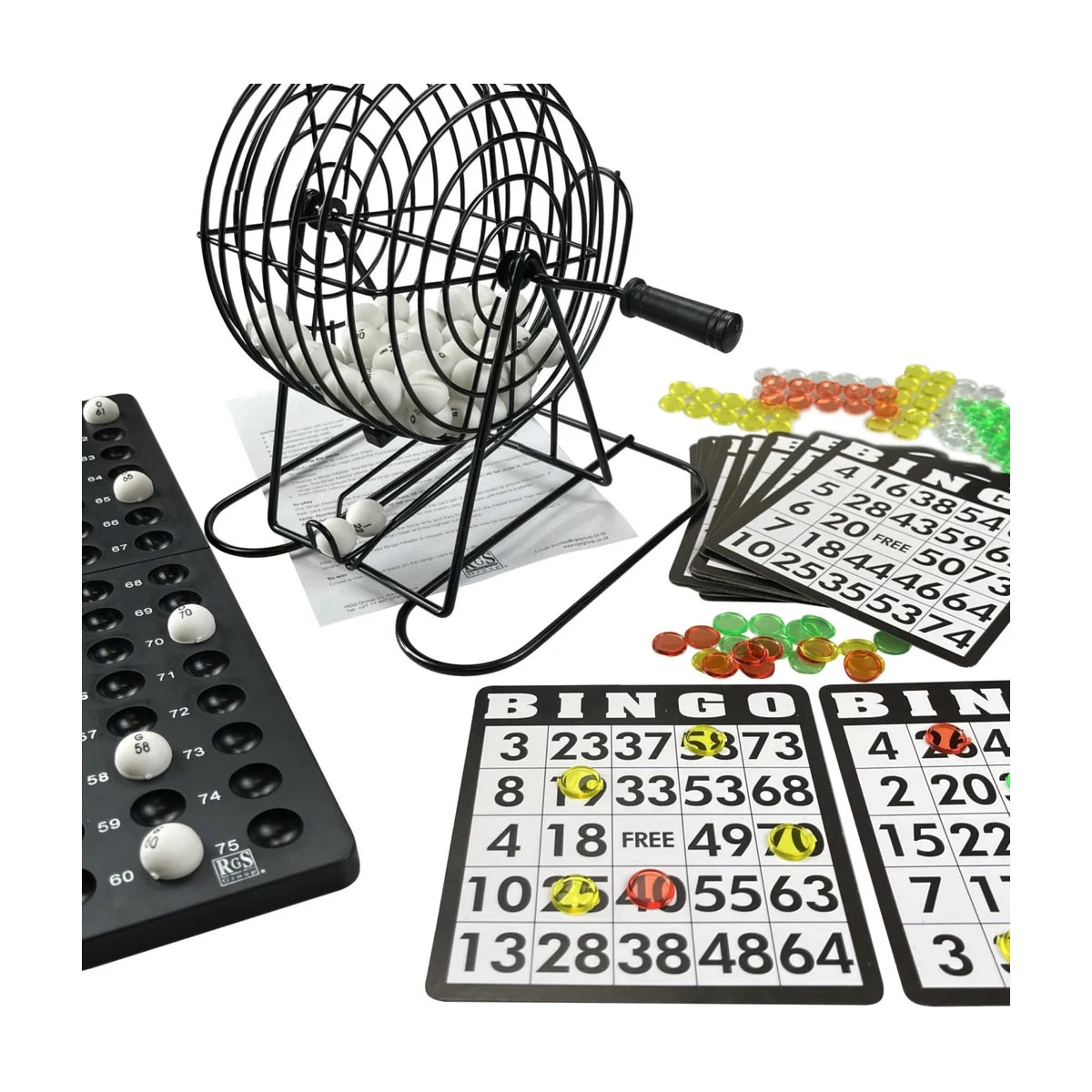 Bingo game set close-up showing steel cage, large-print bingo cards, chips and master board for family game night