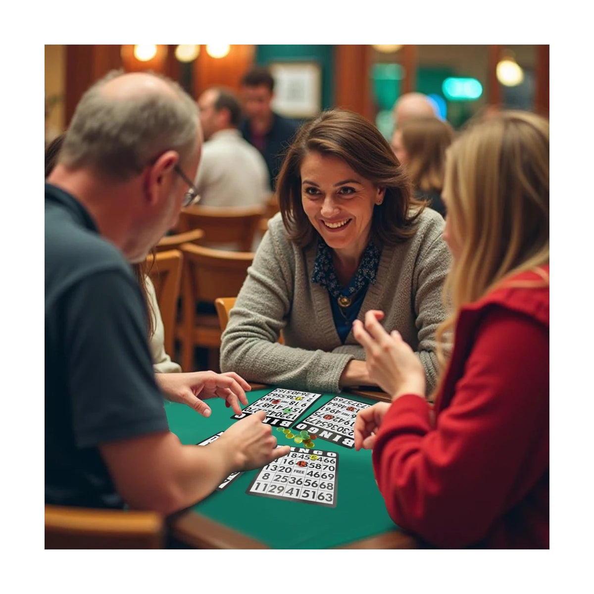 Friends playing bingo at a table with bingo cards and markers during a fun game night
