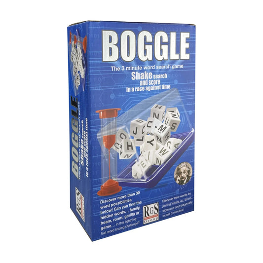 Boggle board game box standing upright showing 3-minute word search game details